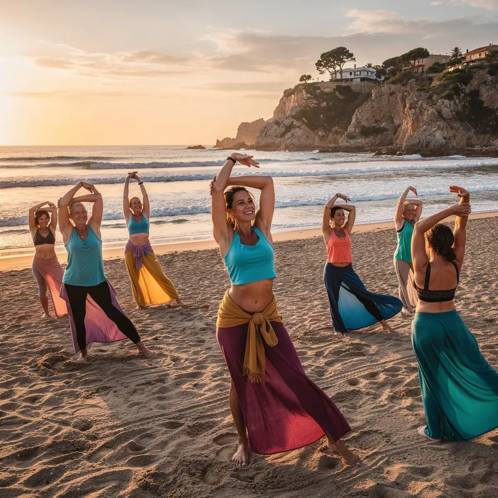 Instructor guiando a sus alumnos en una secuencia para liberar la tensión en la parte superior del cuerpo.