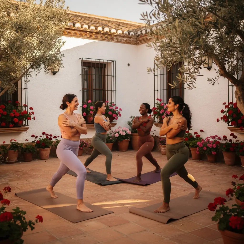 Un instructor de yoga demostrando una técnica para mejorar la movilidad de los hombros, con un enfoque en la alineación corporal.