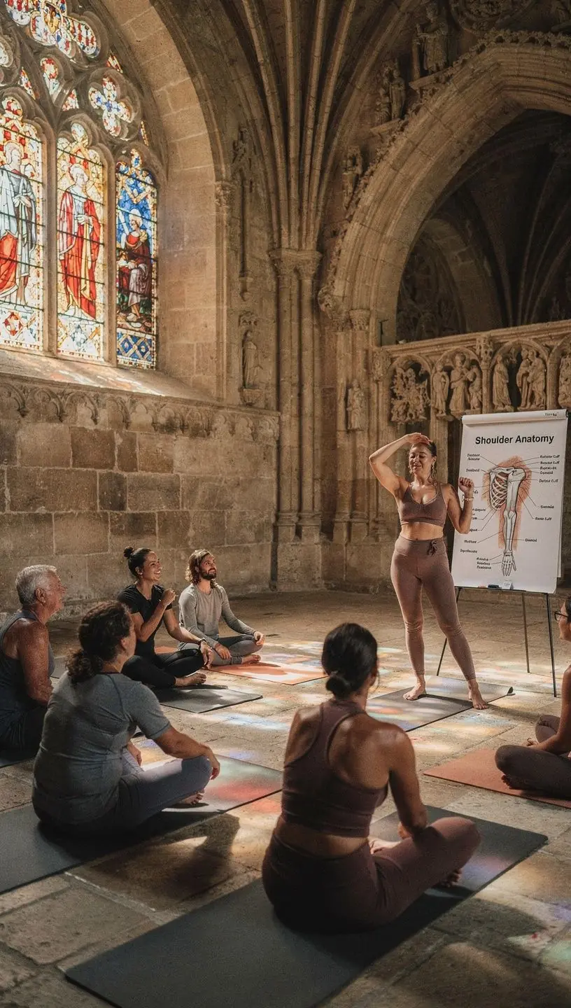 Una imagen de una esterilla de yoga con accesorios como bloques y correas, listos para ayudar en la práctica de apertura de hombros.