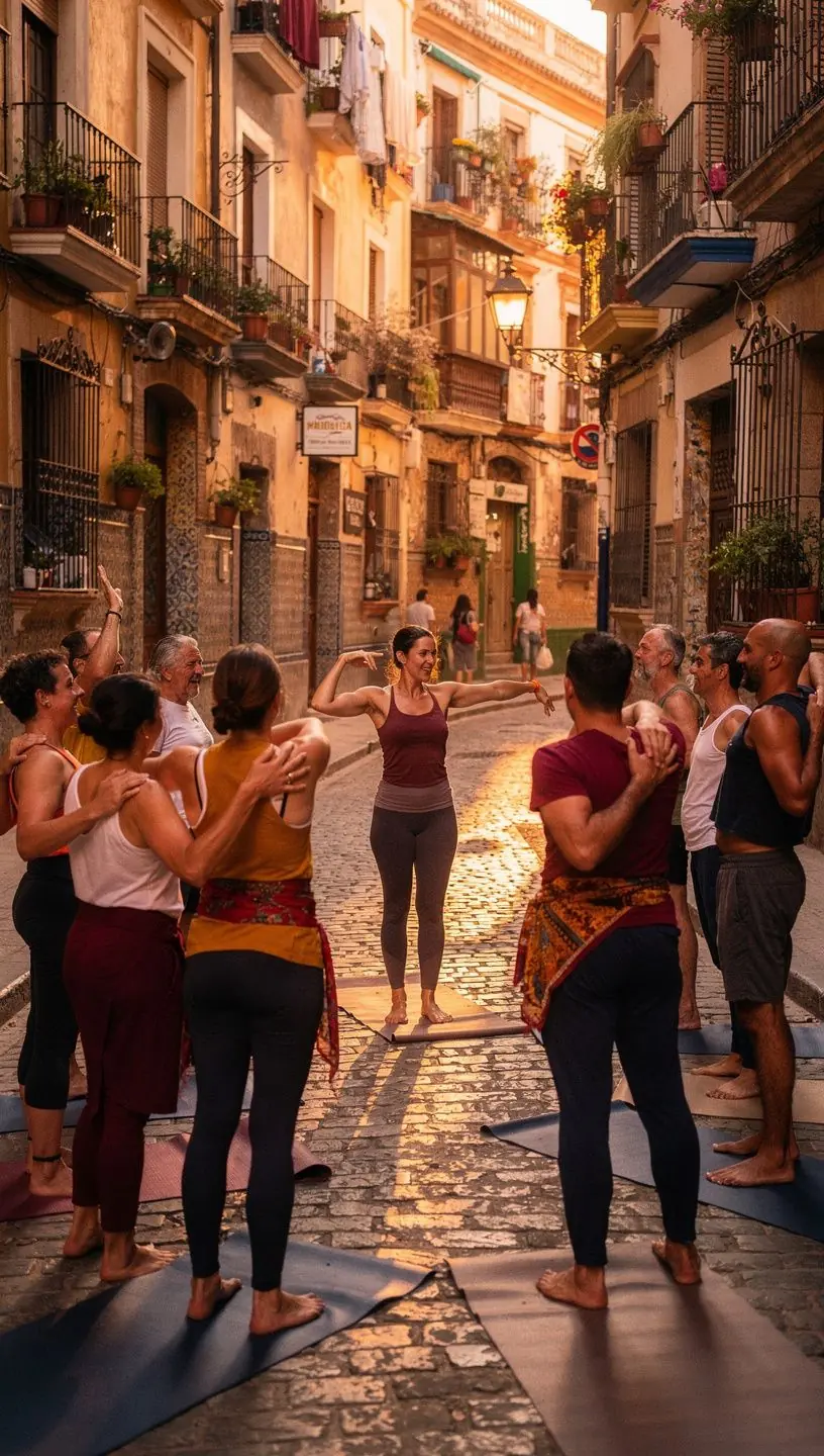 Un grupo de individuos en una clase de yoga, estirando los brazos hacia arriba para liberar la tensión en la parte superior del cuerpo.