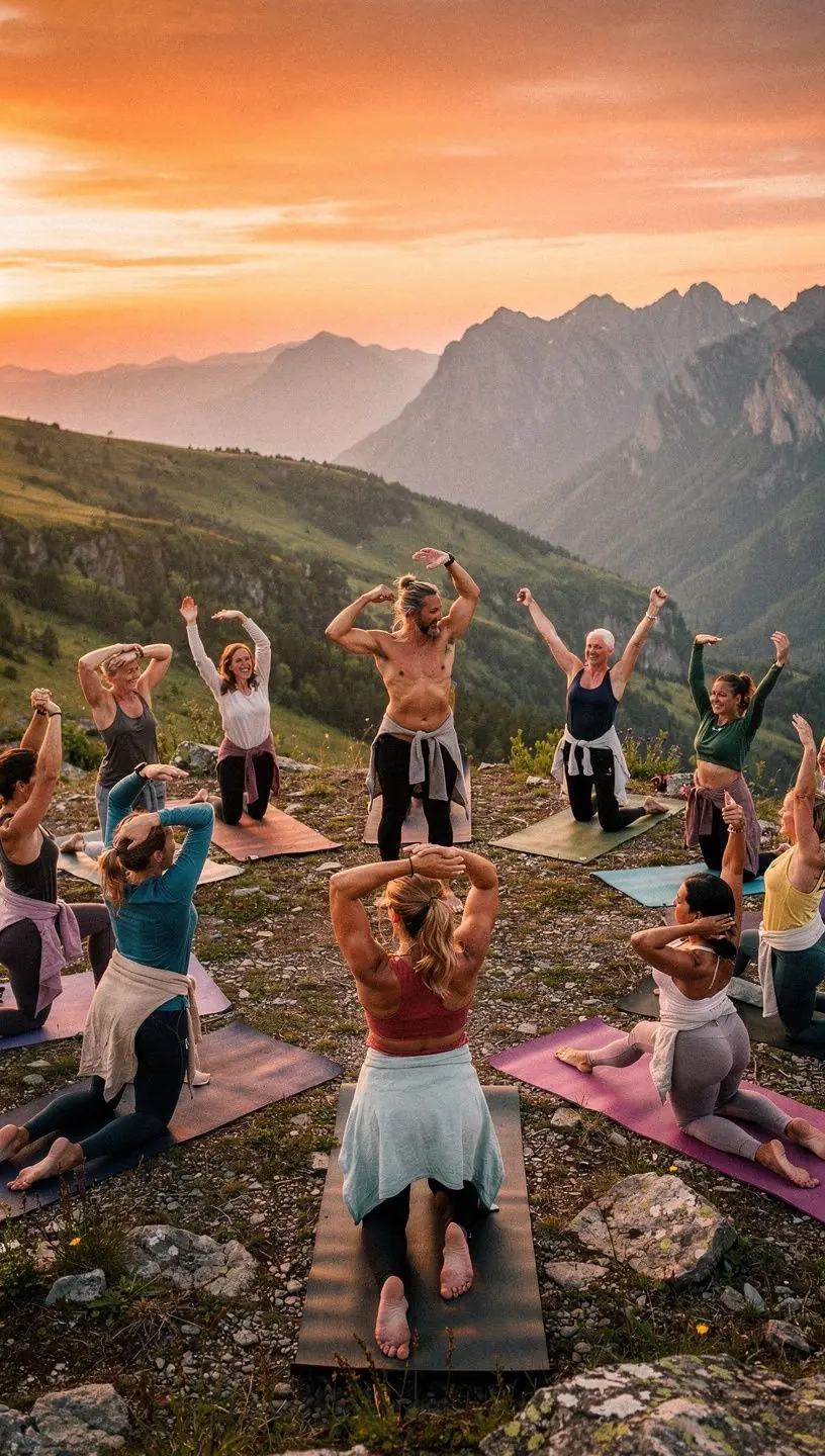Un grupo de individuos en una clase de yoga, estirando los brazos hacia arriba para liberar la tensión en la parte superior del cuerpo.