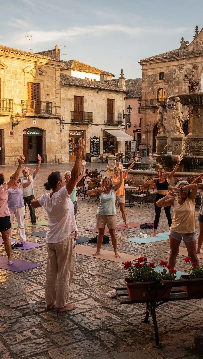 Un grupo de individuos en una clase de yoga, estirando los brazos hacia arriba para liberar la tensión en la parte superior del cuerpo.