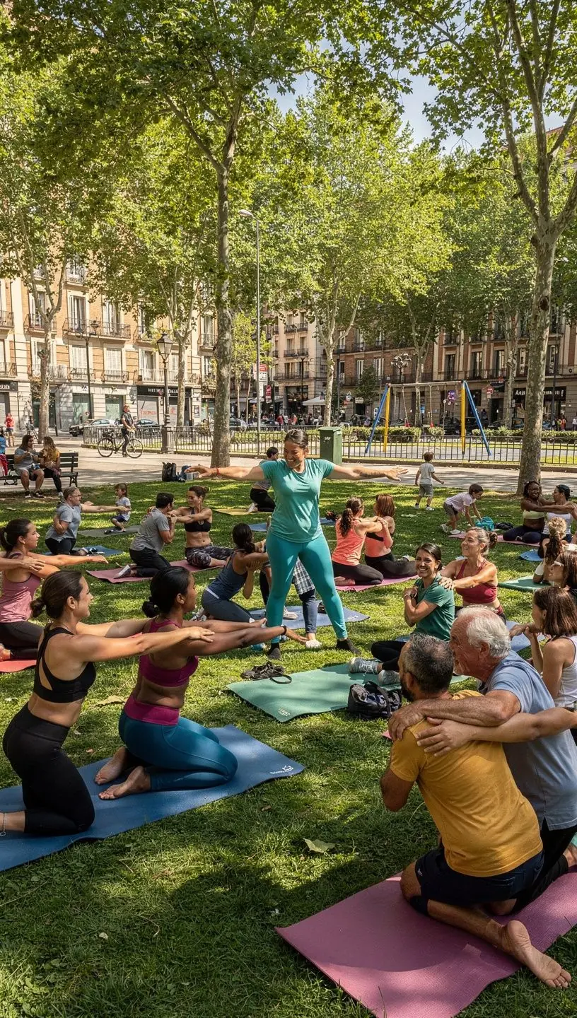 Un grupo de individuos en una clase de yoga, estirando los brazos hacia arriba para liberar la tensión en la parte superior del cuerpo.