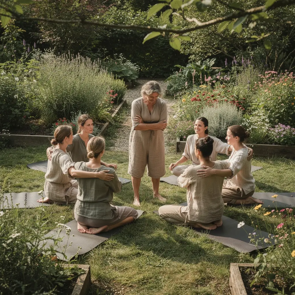 Un grupo de individuos en una clase de yoga, estirando los brazos hacia arriba para liberar la tensión en la parte superior del cuerpo.